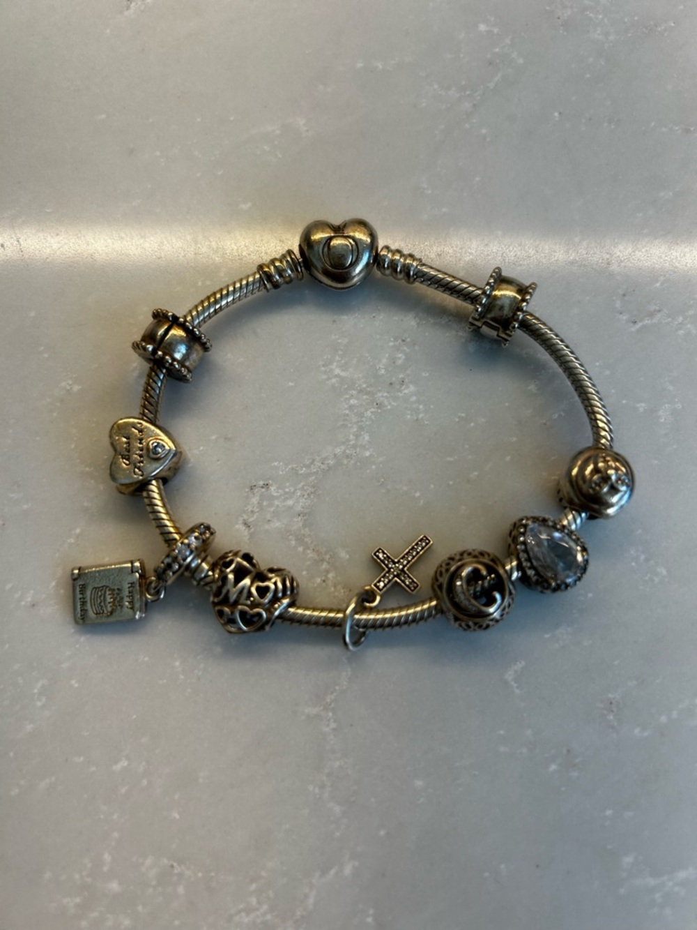 Pandora Silver Charm Bracelet with Heart, Cross and Bead Charms